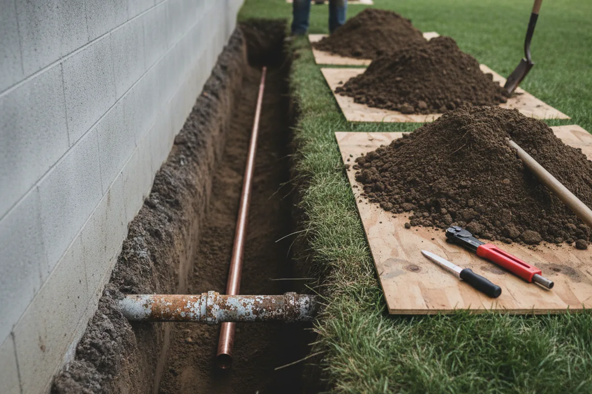 Excavated water line trench during Sewer Line Repair in South Wellfleet